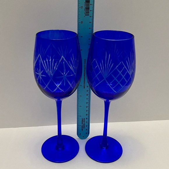 VINTAGE COBALT BLUE CUT CLEAR CRYSTAL WINE GLASSS - Picture 4 of 4
